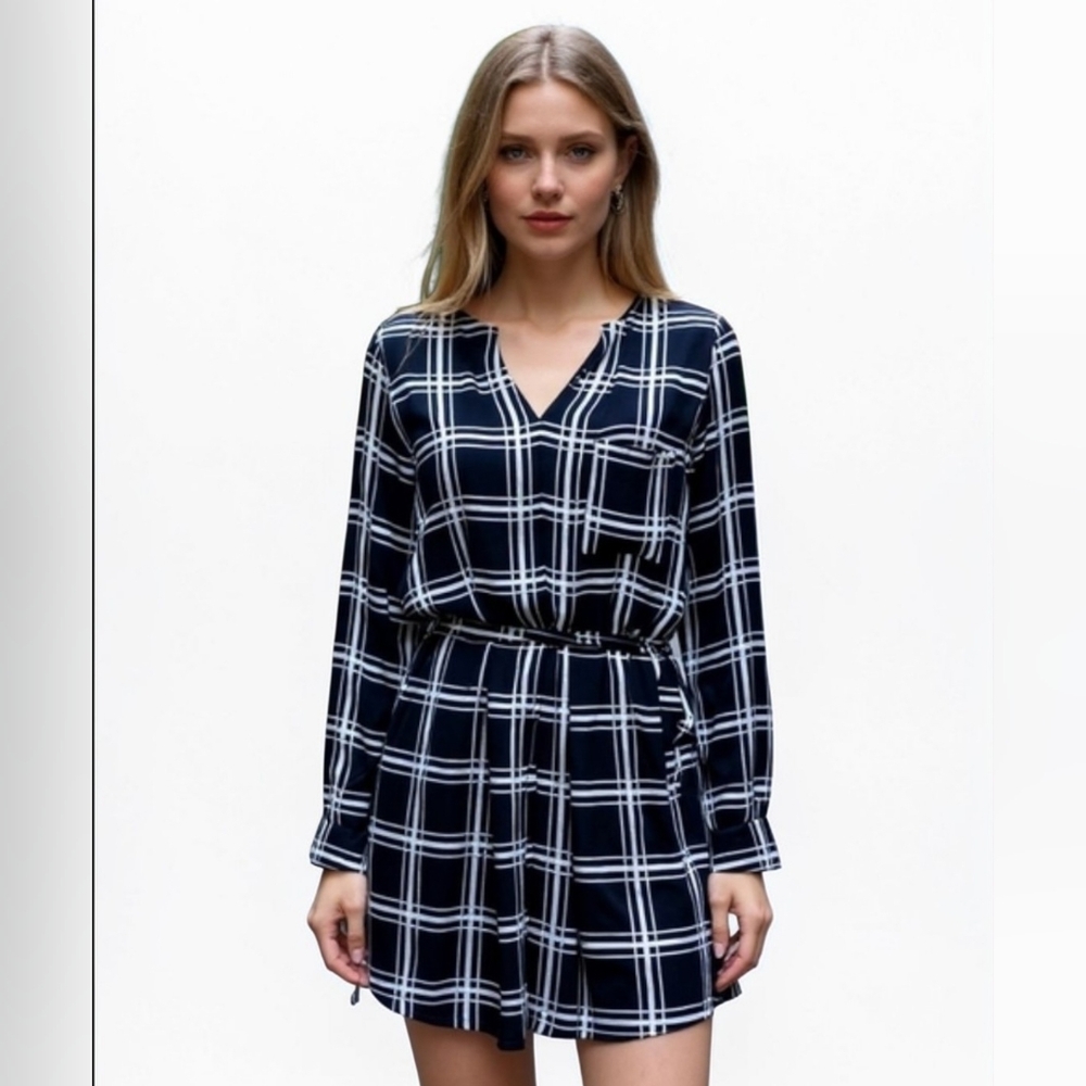 Collective Concepts Black & White Plaid Long Sleeve Mini Officewear Dress,size M